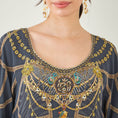 Load image into Gallery viewer, Grey and Gold Tribal Print Embellished Silk Full Length Kaftan
