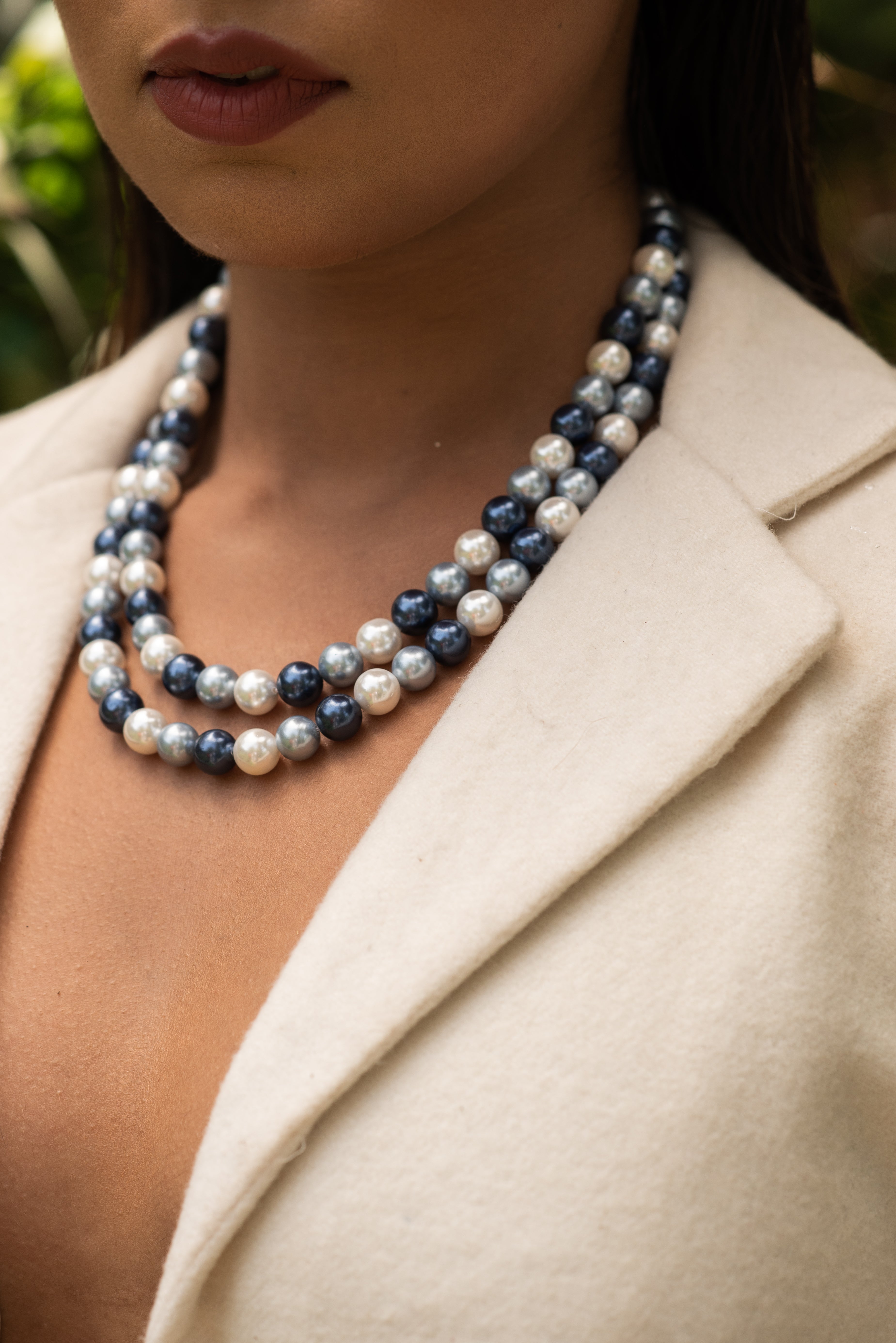 White Blue Pearl Beaded Long Necklace