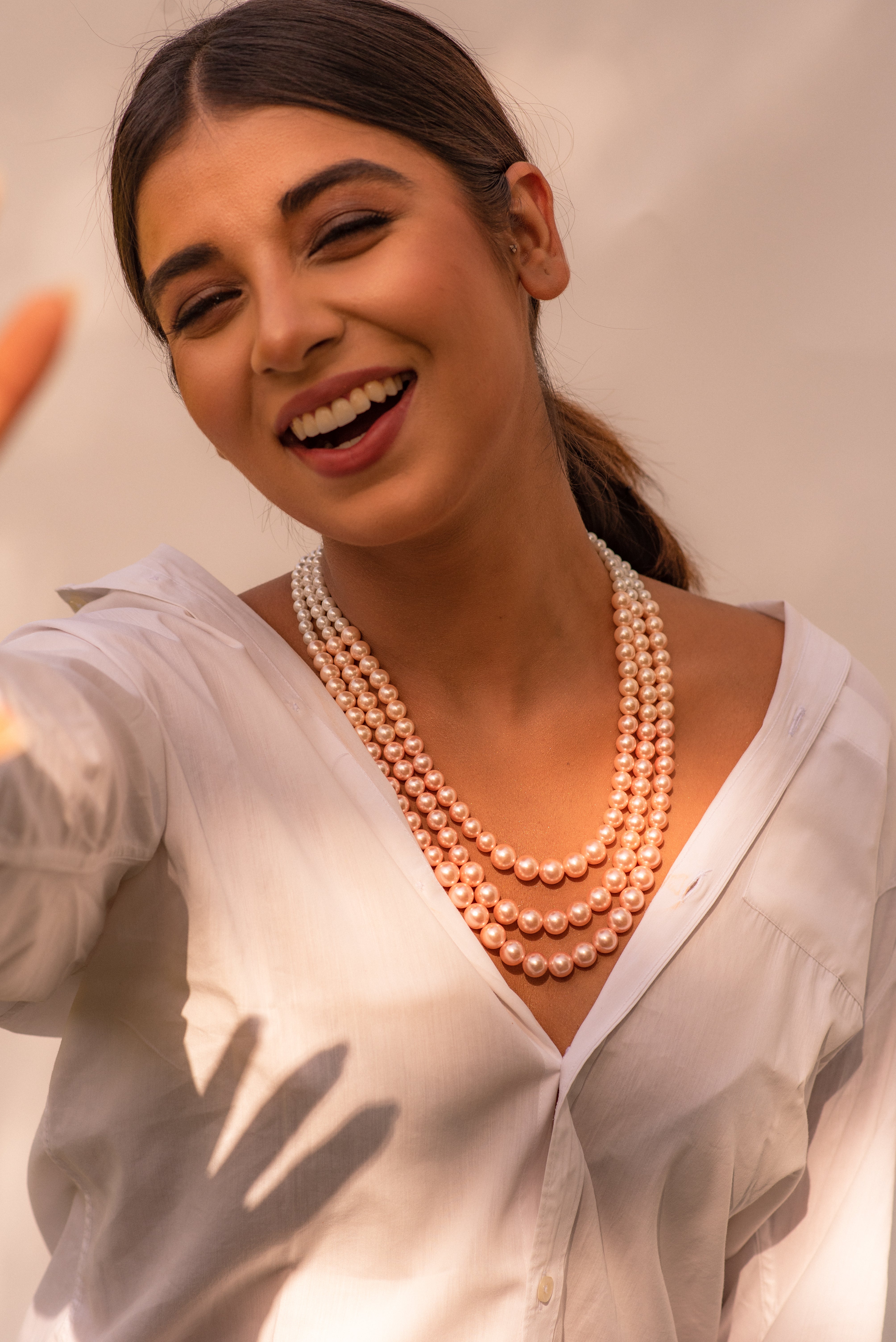 Pink white Pearl Beaded Layered Necklace