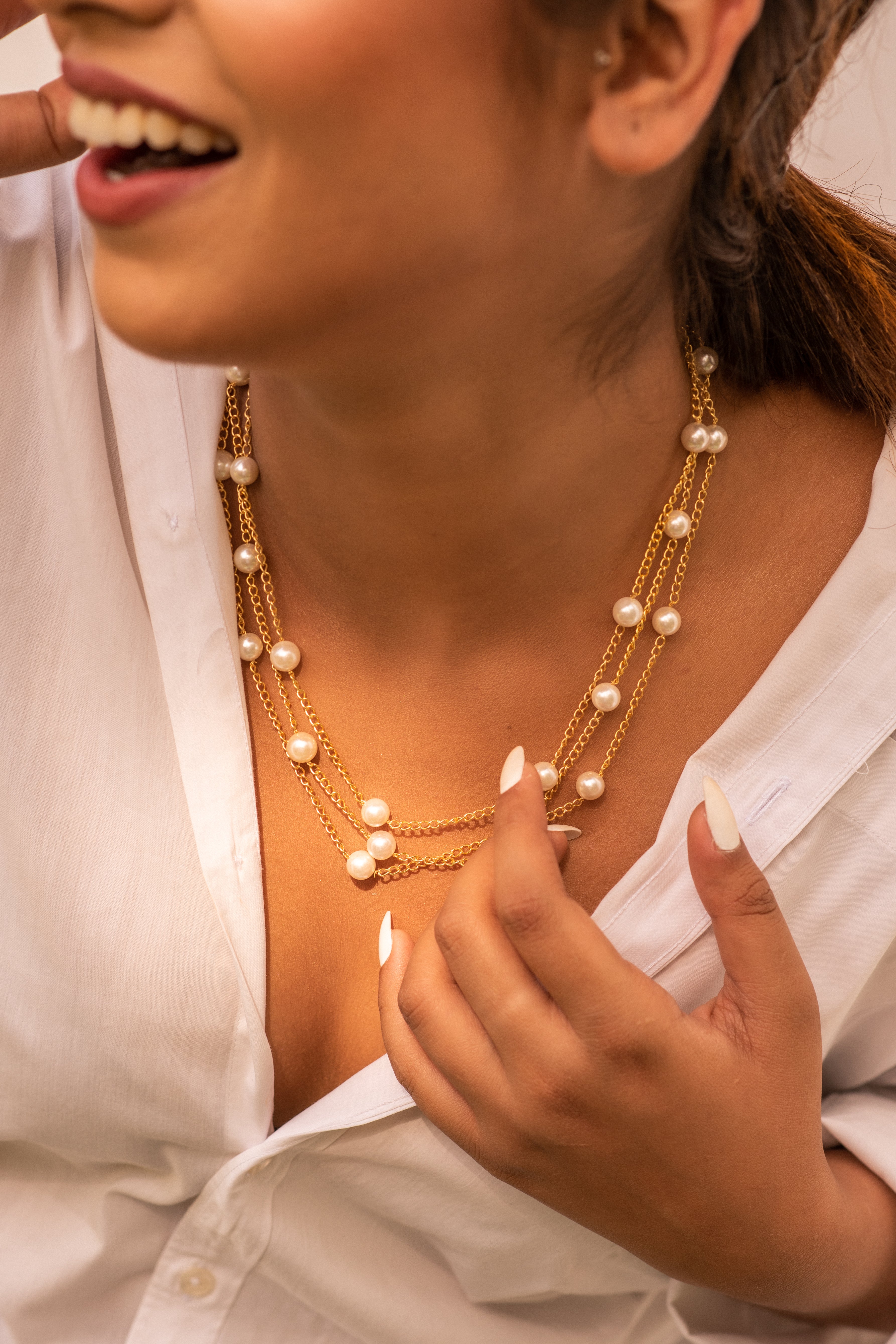 White Gold Tone Handcrafted Necklace White Pearls