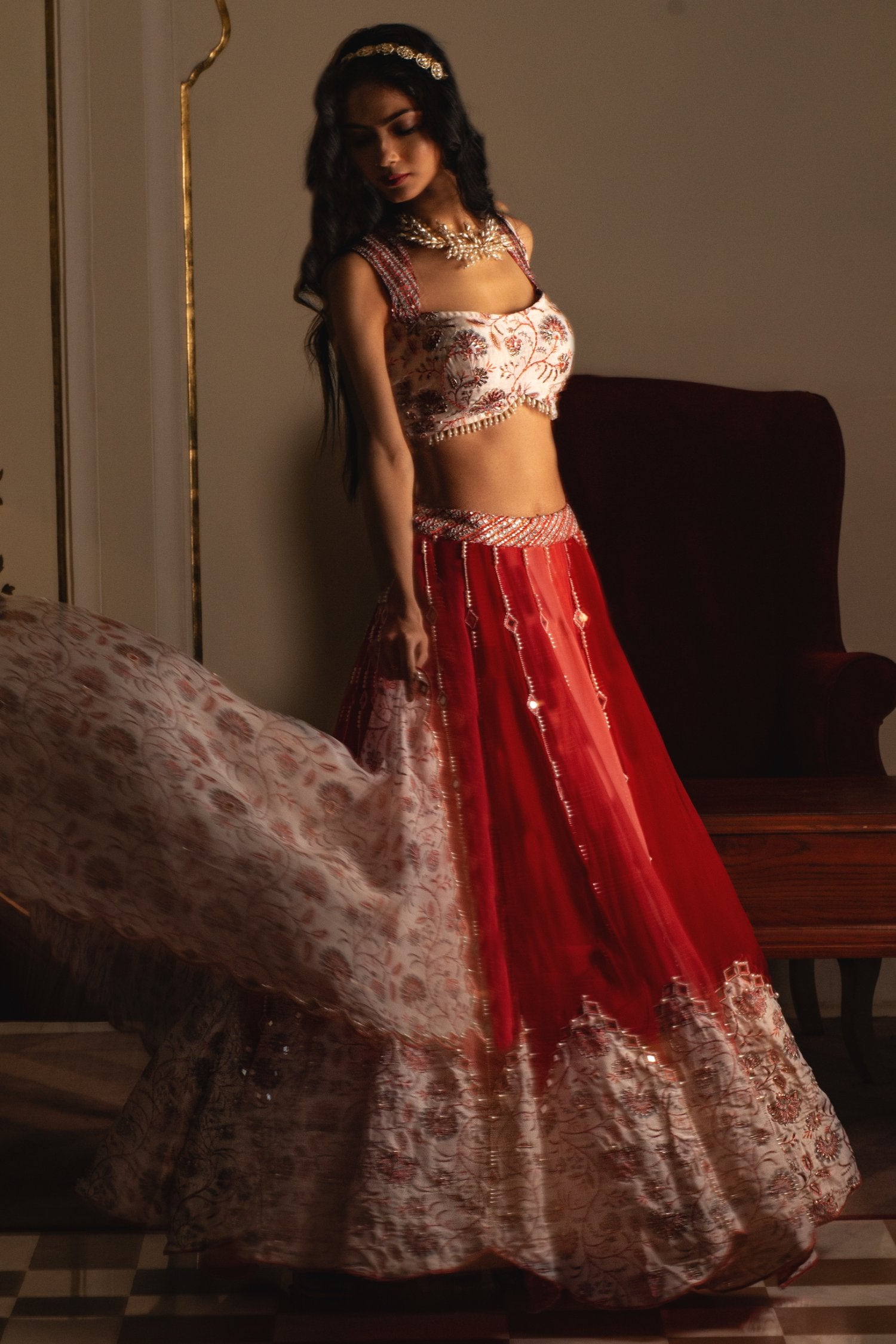 Multi-Coloured Organza Lehenga Set