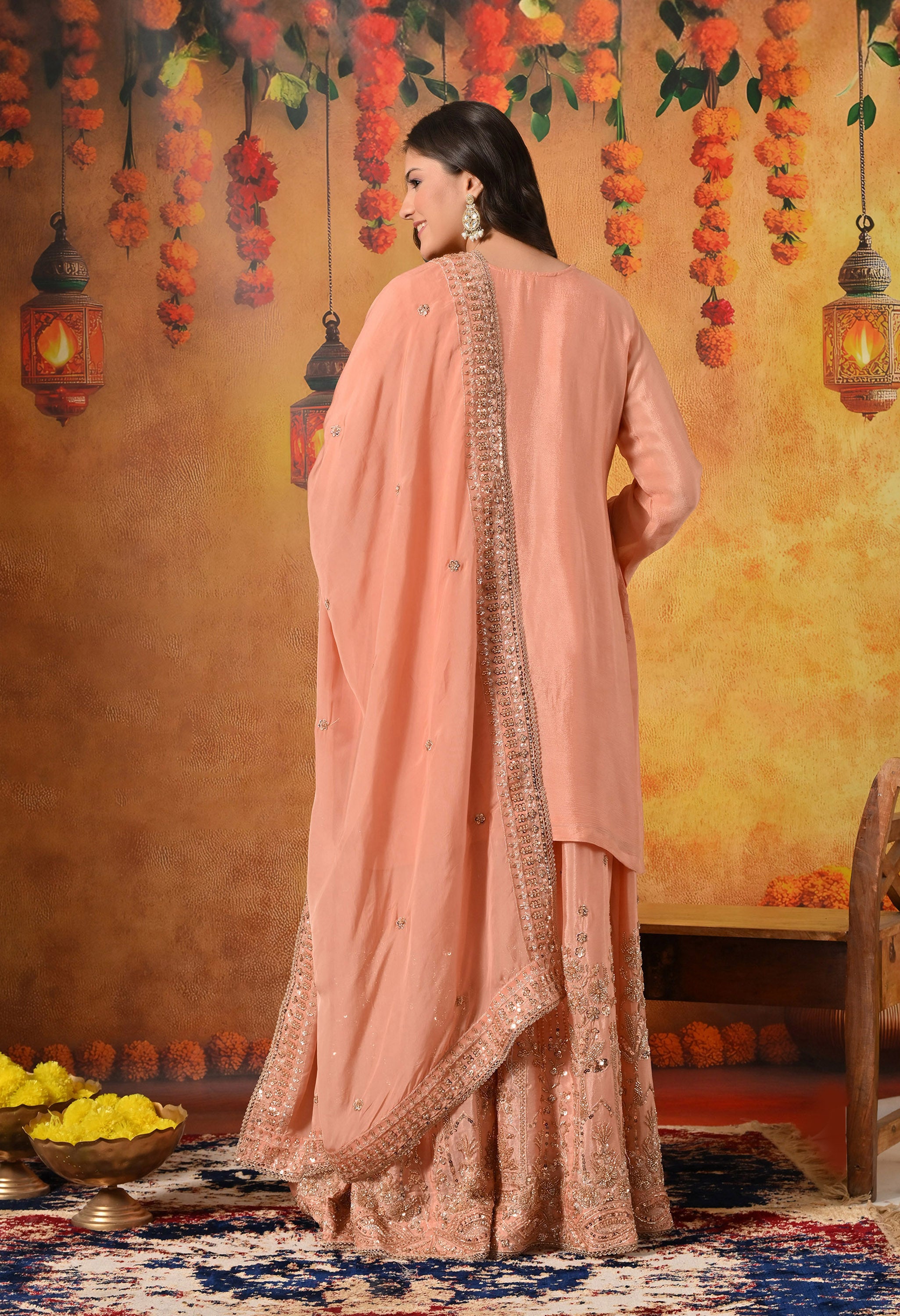 Dark Peach Sharara Set