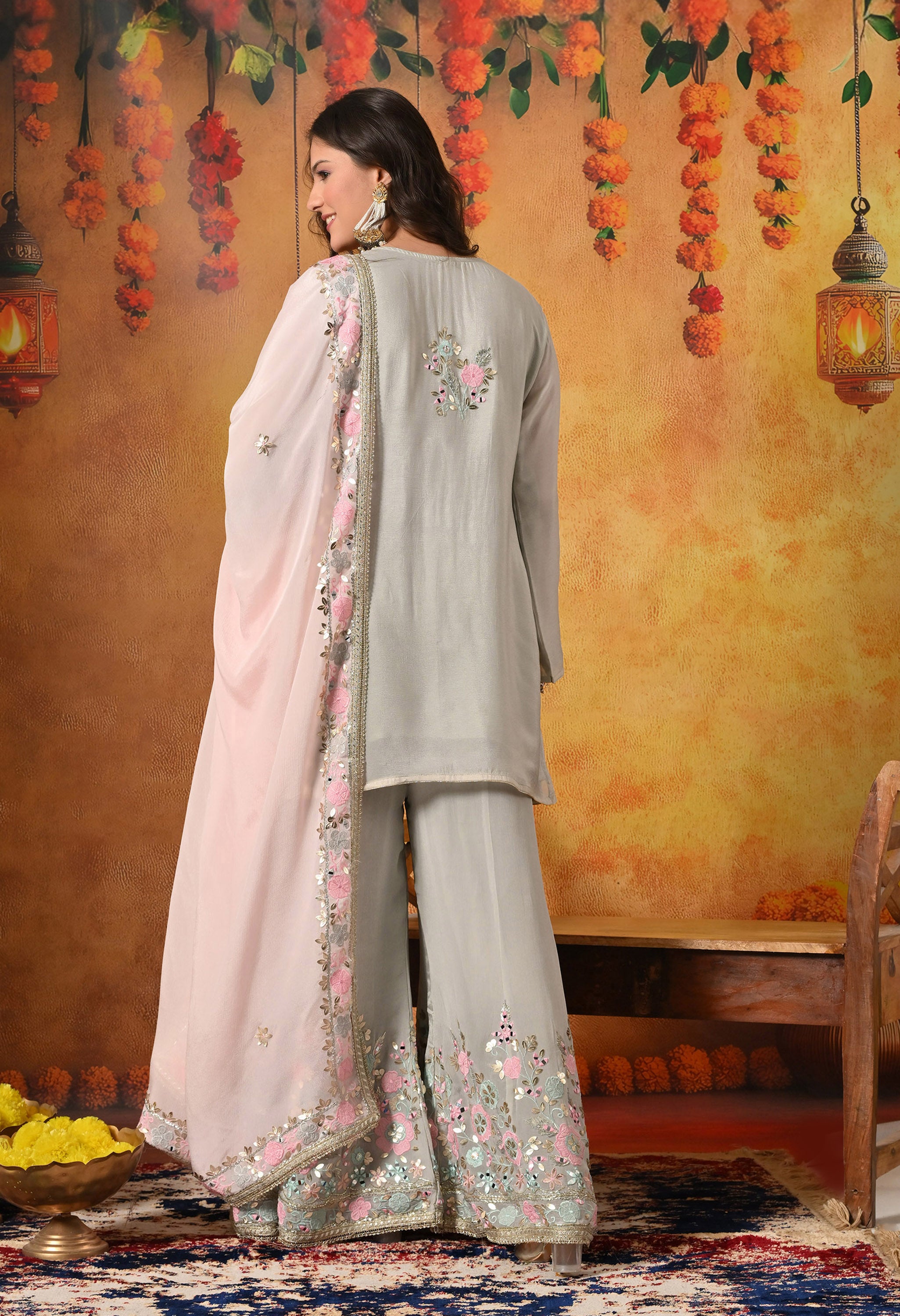 Greenish Grey Mirror Work Sharara Set