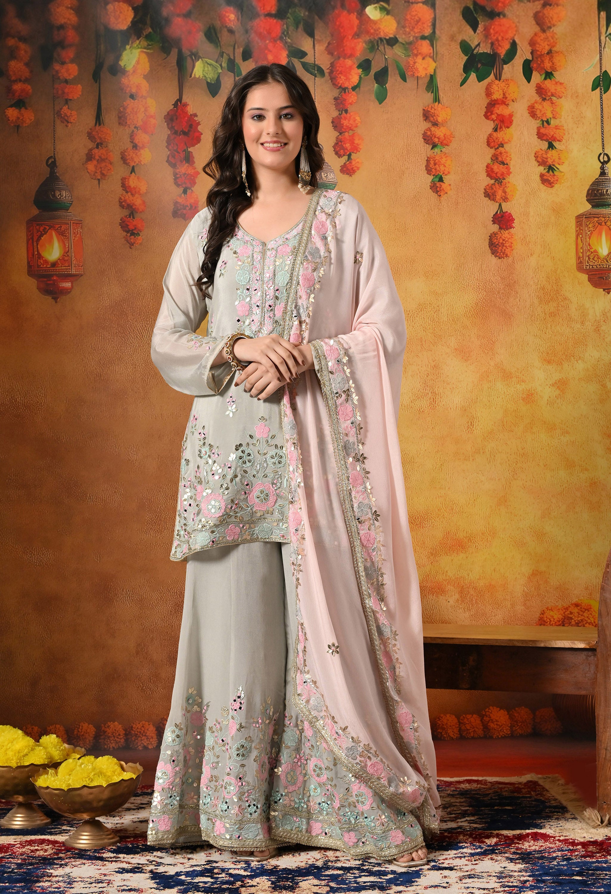 Greenish Grey Mirror Work Sharara Set