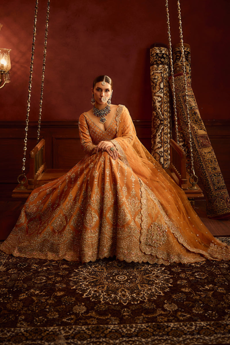 Rust Raw Silk Hand & Machine Embroidered Lehenga Set