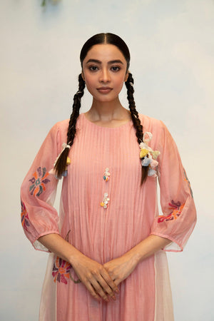AM by Anita Mittal Noor Meher Pink Mul Chanderi Tunic with Butter Cotton Pant with Cord Embroidery