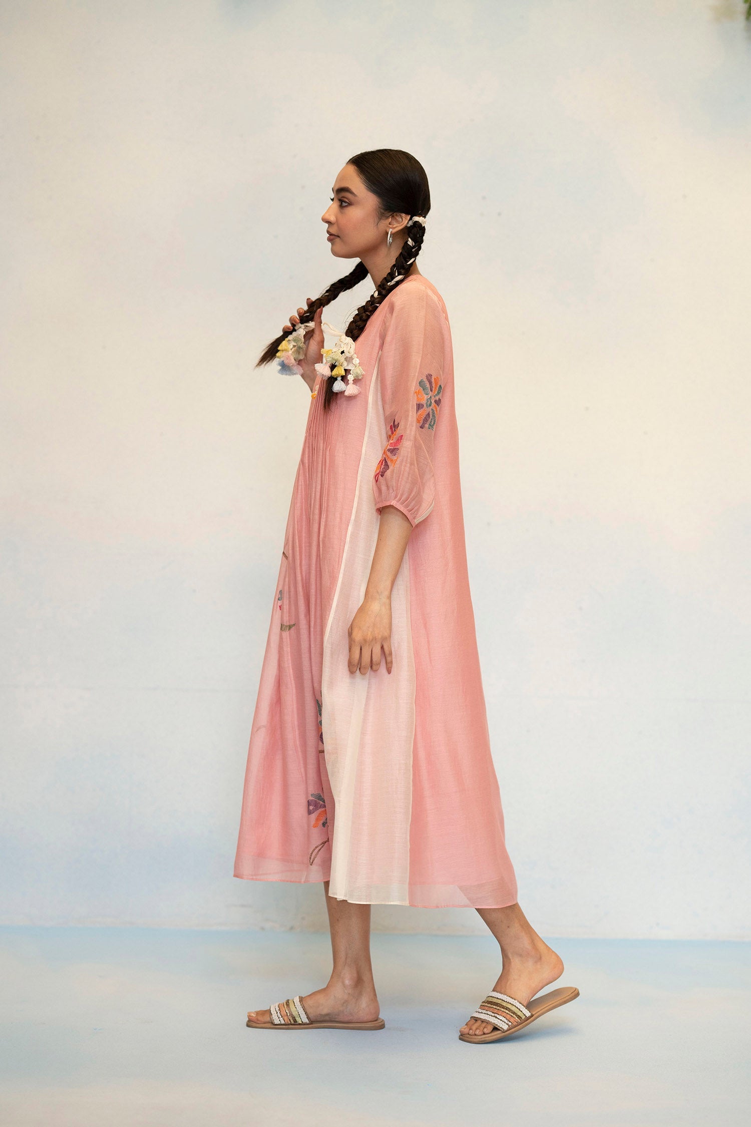 AM by Anita Mittal Noor Meher Pink Mul Chanderi Tunic with Butter Cotton Pant with Cord Embroidery