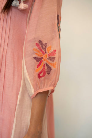 AM by Anita Mittal Noor Meher Pink Mul Chanderi Tunic with Butter Cotton Pant with Cord Embroidery