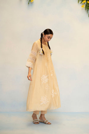AM by Anita Mittal Noor Zara Beige Mul Chanderi Tunic with Butter Cotton Pant with Cord Embroidery