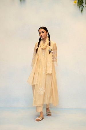AM by Anita Mittal Noor Zara Beige Mul Chanderi Tunic with Butter Cotton Pant with Cord Embroidery