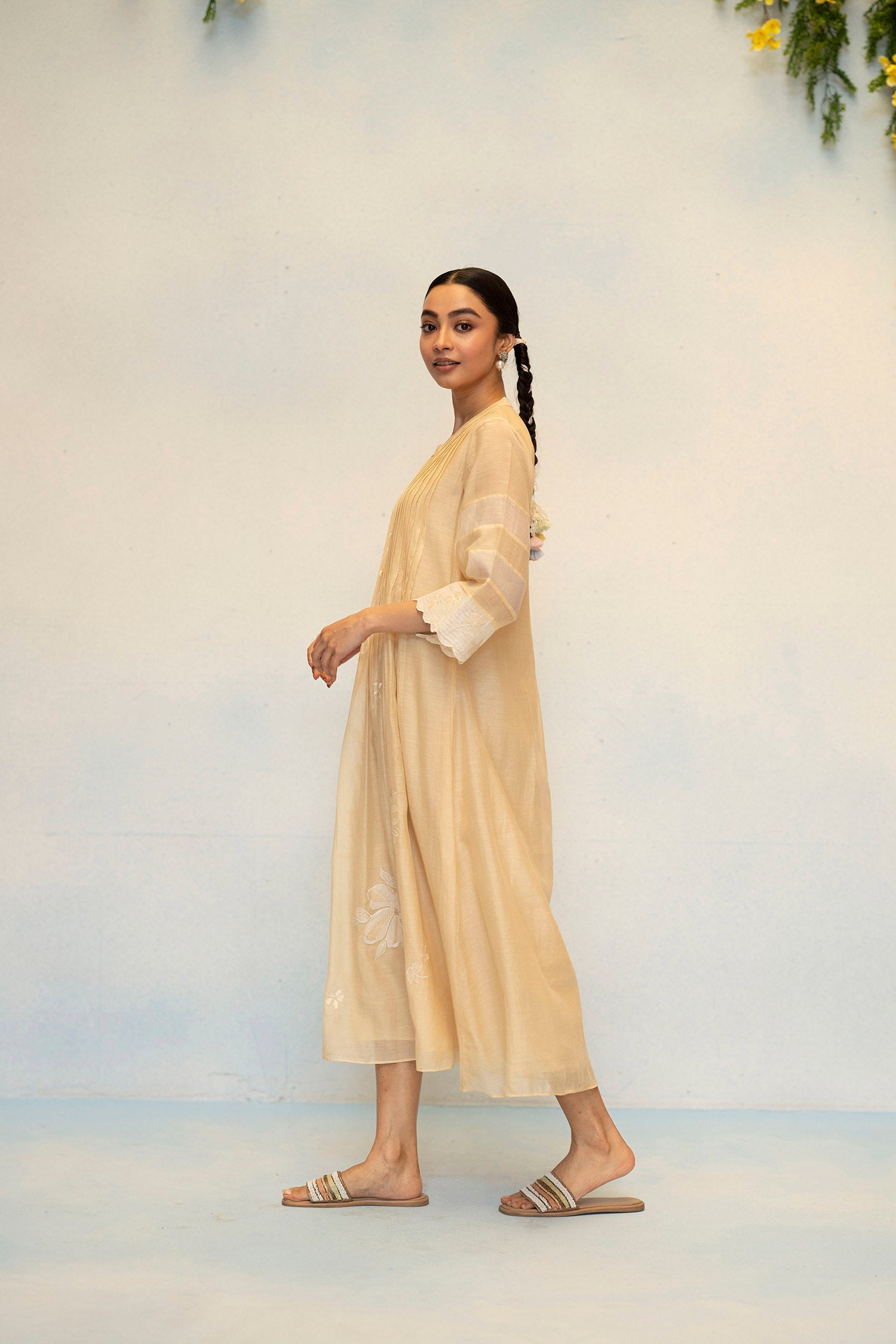 AM by Anita Mittal Noor Zara Beige Mul Chanderi Tunic with Butter Cotton Pant with Cord Embroidery