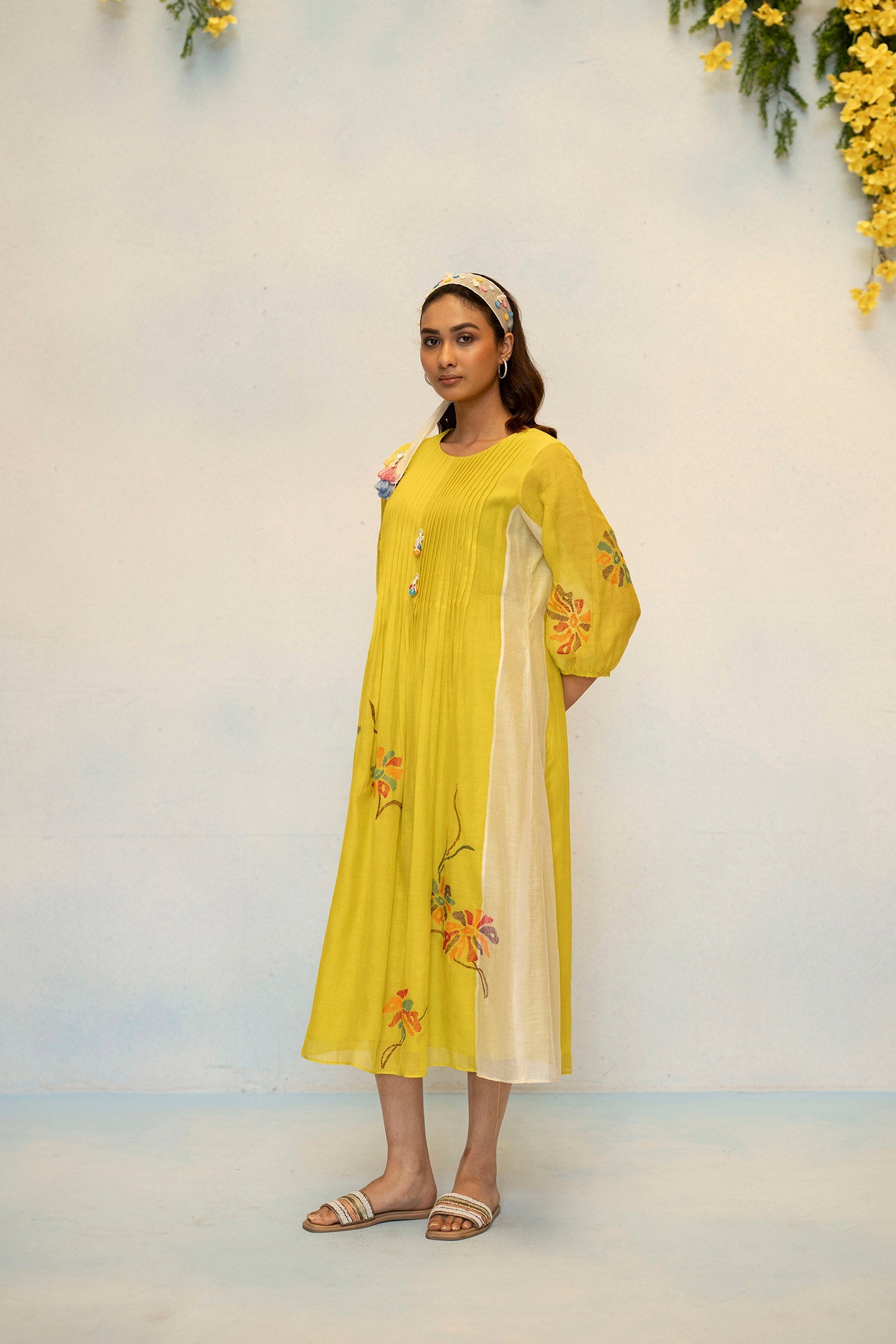 AM by Anita Mittal Noor Meher Olive Yellow Mul Chanderi Tunic with Butter Cotton Pant with Cord Embroidery