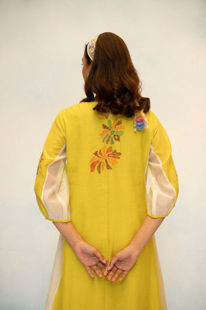 AM by Anita Mittal Noor Meher Olive Yellow Mul Chanderi Tunic with Butter Cotton Pant with Cord Embroidery