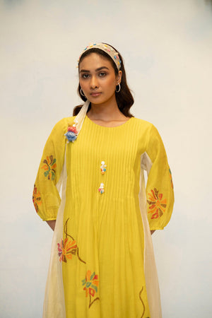 AM by Anita Mittal Noor Meher Olive Yellow Mul Chanderi Tunic with Butter Cotton Pant with Cord Embroidery