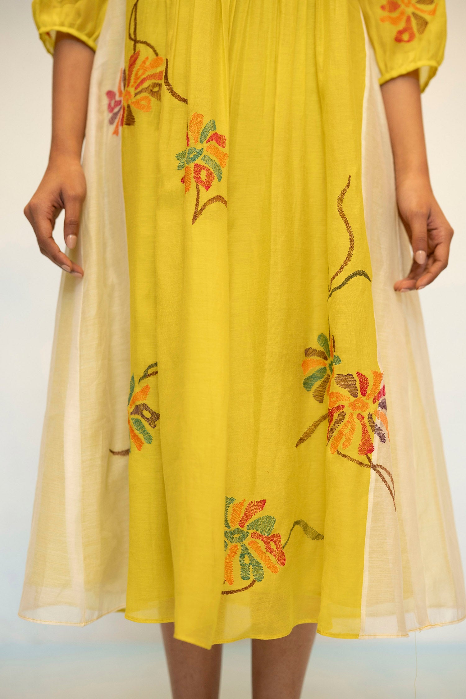 AM by Anita Mittal Noor Meher Olive Yellow Mul Chanderi Tunic with Butter Cotton Pant with Cord Embroidery