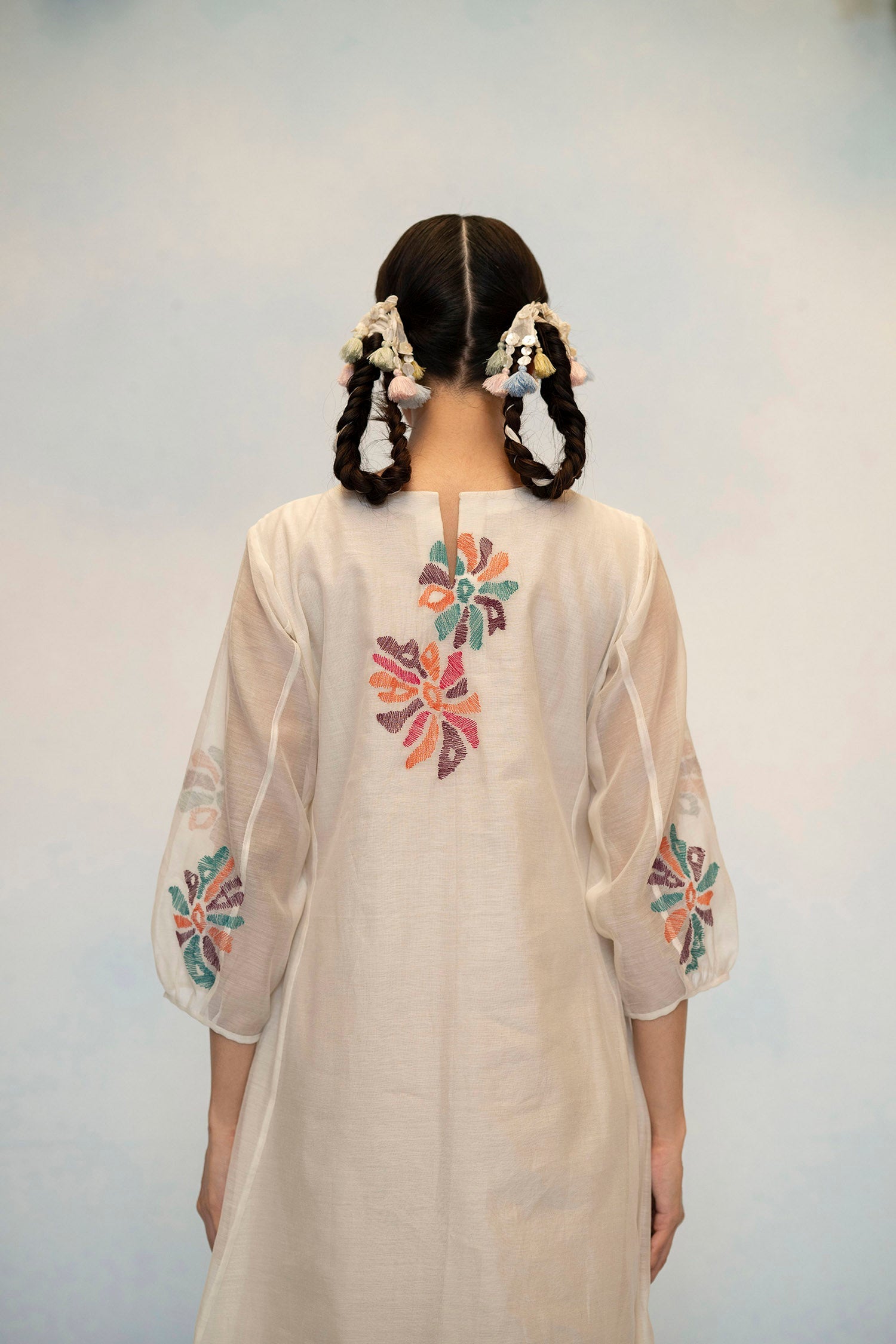 AM by Anita Mittal Noor Meher Off-White Mul Chanderi Tunic with Butter Cotton Pant with Cord Embroidery