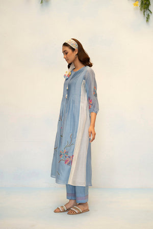 AM by Anita Mittal Noor Meher Steel Blue Yellow Mul Chanderi Tunic with Butter Cotton Pant with Cord Embroidery