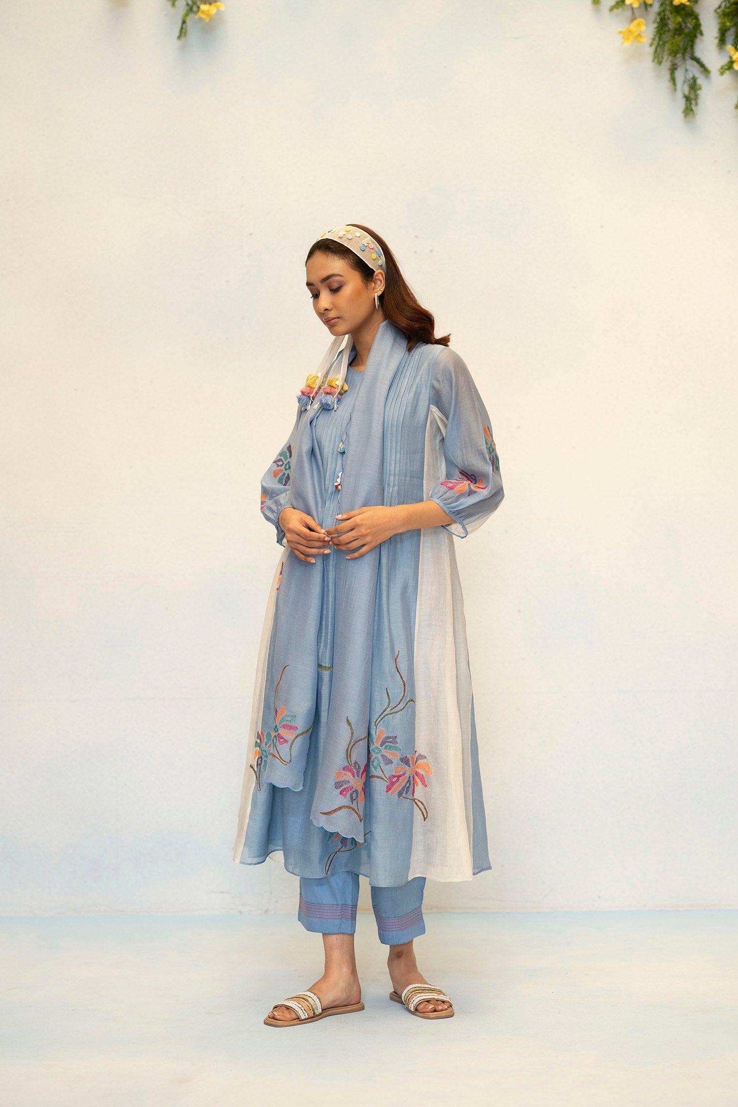 AM by Anita Mittal Noor Meher Steel Blue Yellow Mul Chanderi Tunic with Butter Cotton Pant with Cord Embroidery