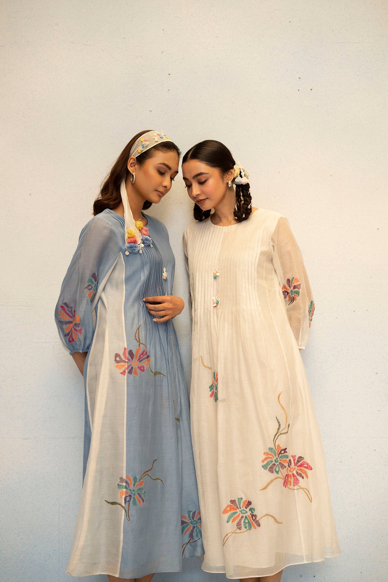 AM by Anita Mittal Noor Meher Steel Blue Yellow Mul Chanderi Tunic with Butter Cotton Pant with Cord Embroidery