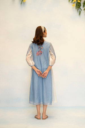 AM by Anita Mittal Noor Meher Steel Blue Yellow Mul Chanderi Tunic with Butter Cotton Pant with Cord Embroidery