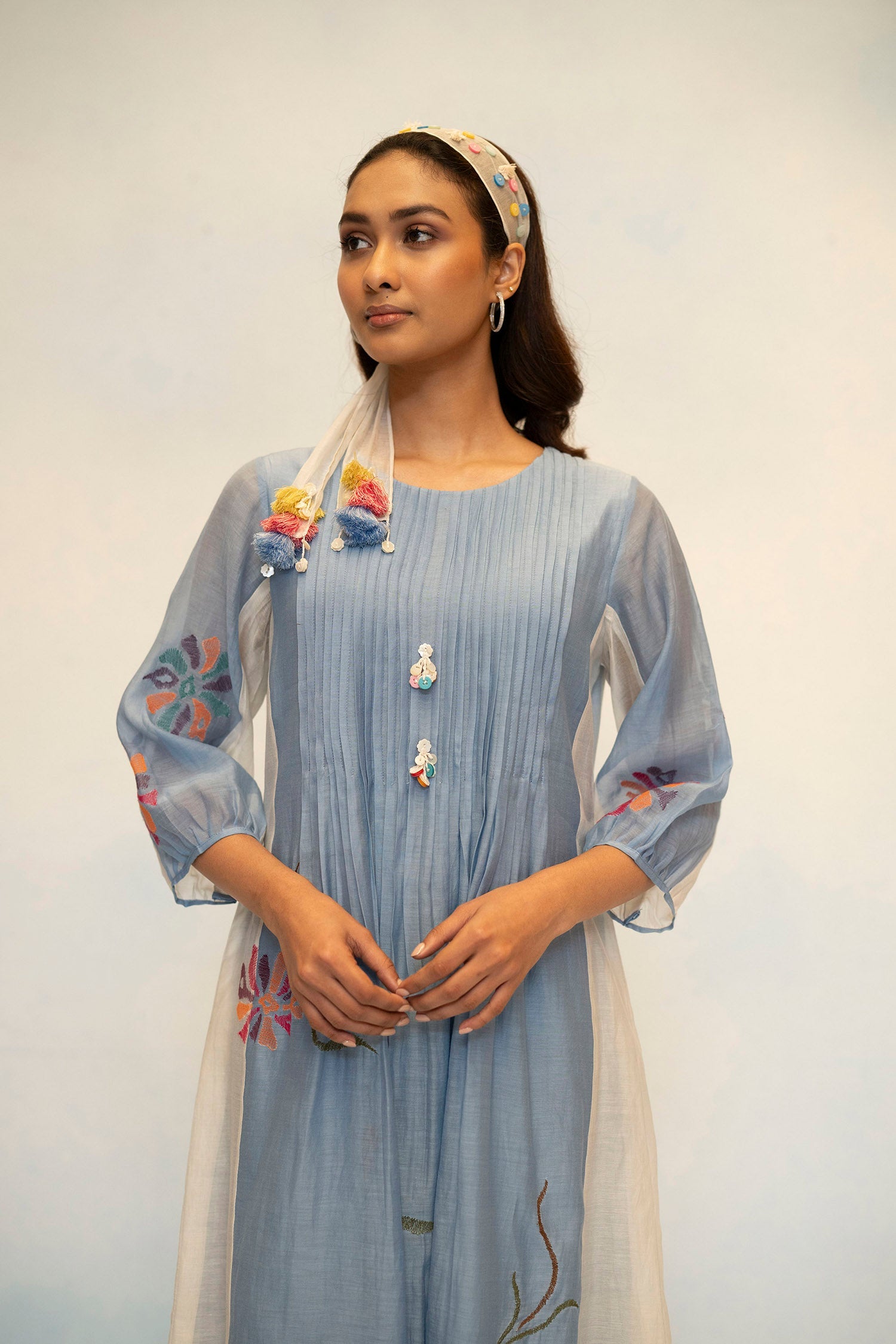AM by Anita Mittal Noor Meher Steel Blue Yellow Mul Chanderi Tunic with Butter Cotton Pant with Cord Embroidery