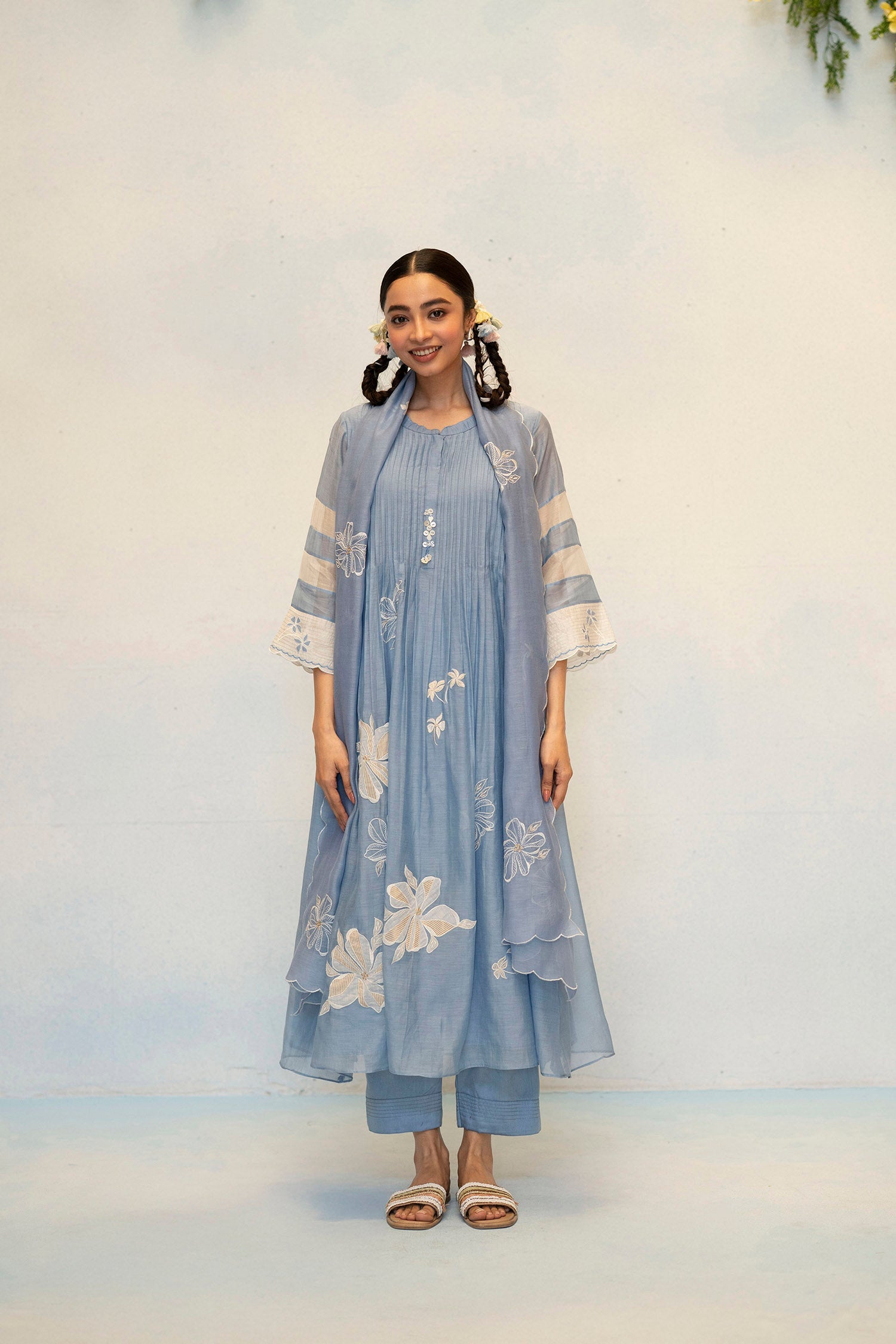 AM by Anita Mittal Noor Zara Blue Mul Chanderi Tunic with Butter Cotton Pant with Cord Embroidery