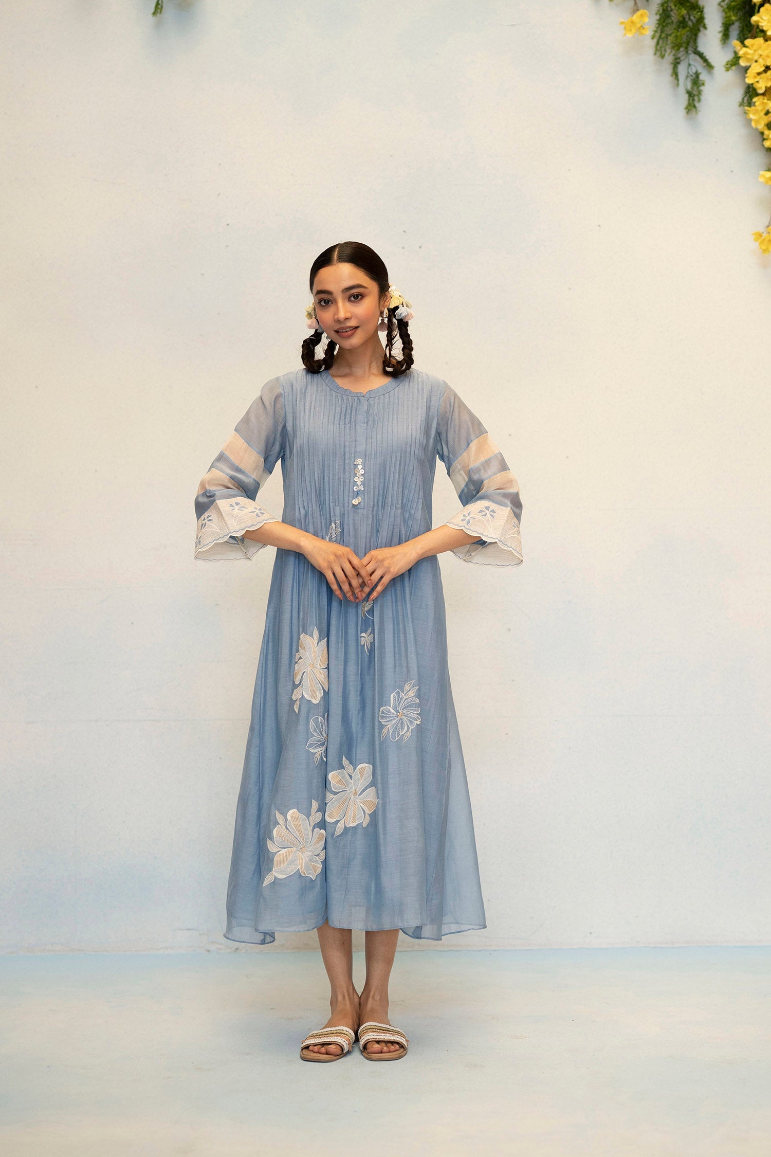 AM by Anita Mittal Noor Zara Blue Mul Chanderi Tunic with Butter Cotton Pant with Cord Embroidery