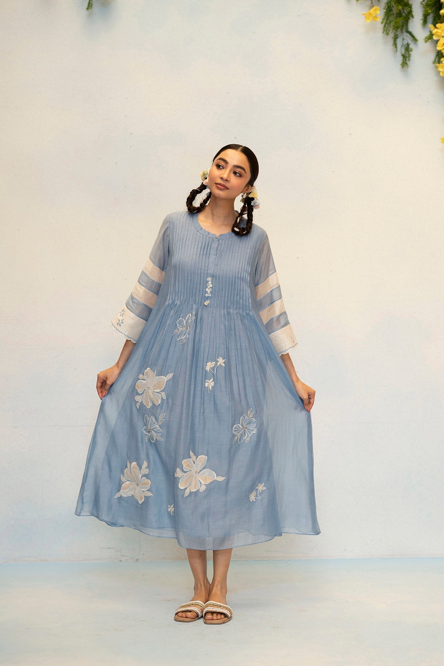 AM by Anita Mittal Noor Zara Blue Mul Chanderi Tunic with Butter Cotton Pant with Cord Embroidery
