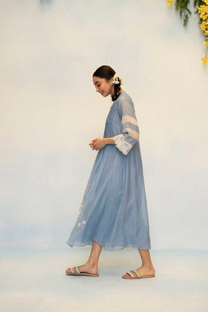AM by Anita Mittal Noor Zara Blue Mul Chanderi Tunic with Butter Cotton Pant with Cord Embroidery
