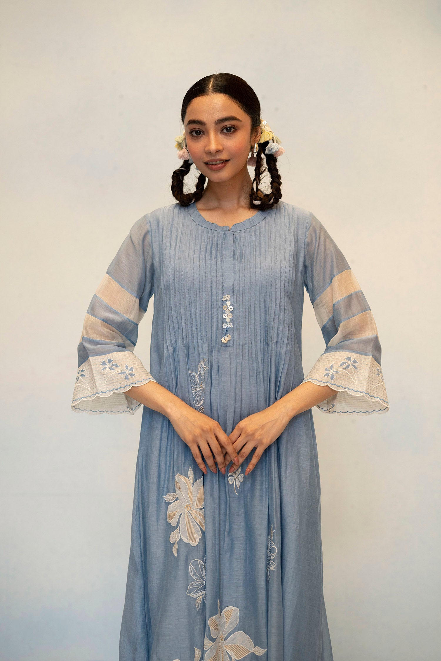 AM by Anita Mittal Noor Zara Blue Mul Chanderi Tunic with Butter Cotton Pant with Cord Embroidery
