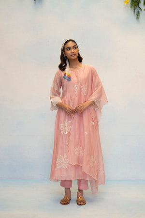 AM by Anita Mittal Noor Zara Pink Mul Chanderi Tunic with Butter Cotton Pant with Cord Embroidery
