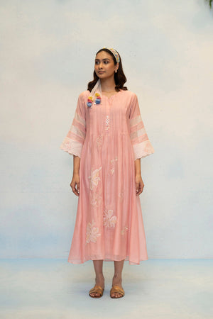 AM by Anita Mittal Noor Zara Pink Mul Chanderi Tunic with Butter Cotton Pant with Cord Embroidery