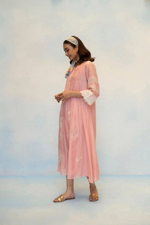 AM by Anita Mittal Noor Zara Pink Mul Chanderi Tunic with Butter Cotton Pant with Cord Embroidery