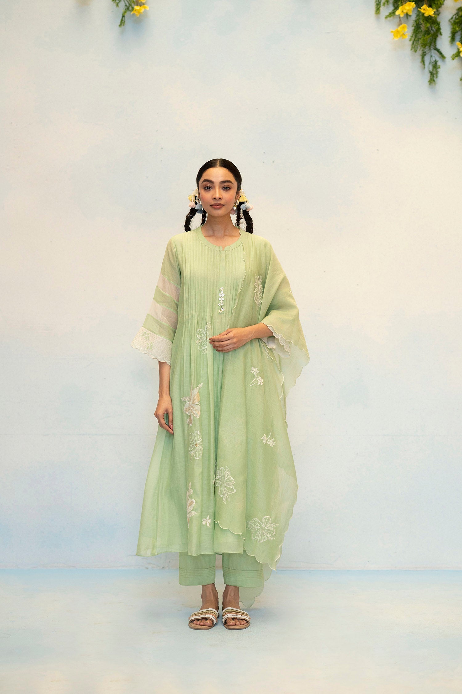 AM by Anita Mittal Noor Zara Sage Green Mul Chanderi Tunic with Butter Cotton Pant with Applique and Cord Embroidery