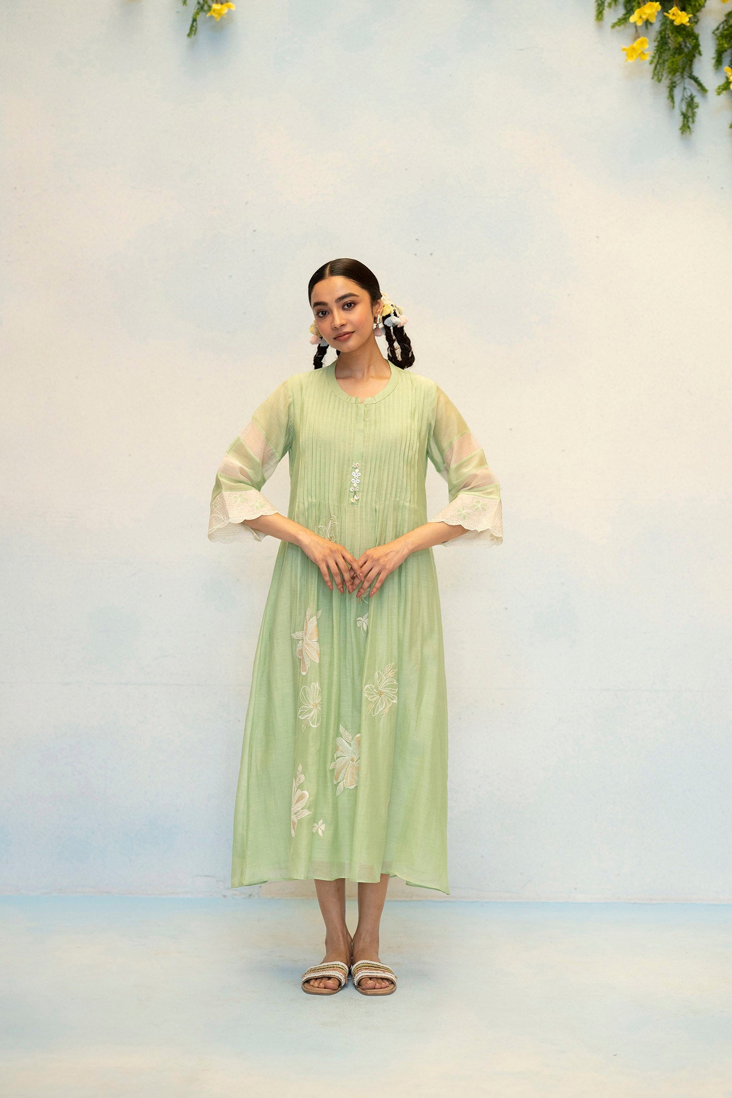 AM by Anita Mittal Noor Zara Sage Green Mul Chanderi Tunic with Butter Cotton Pant with Applique and Cord Embroidery