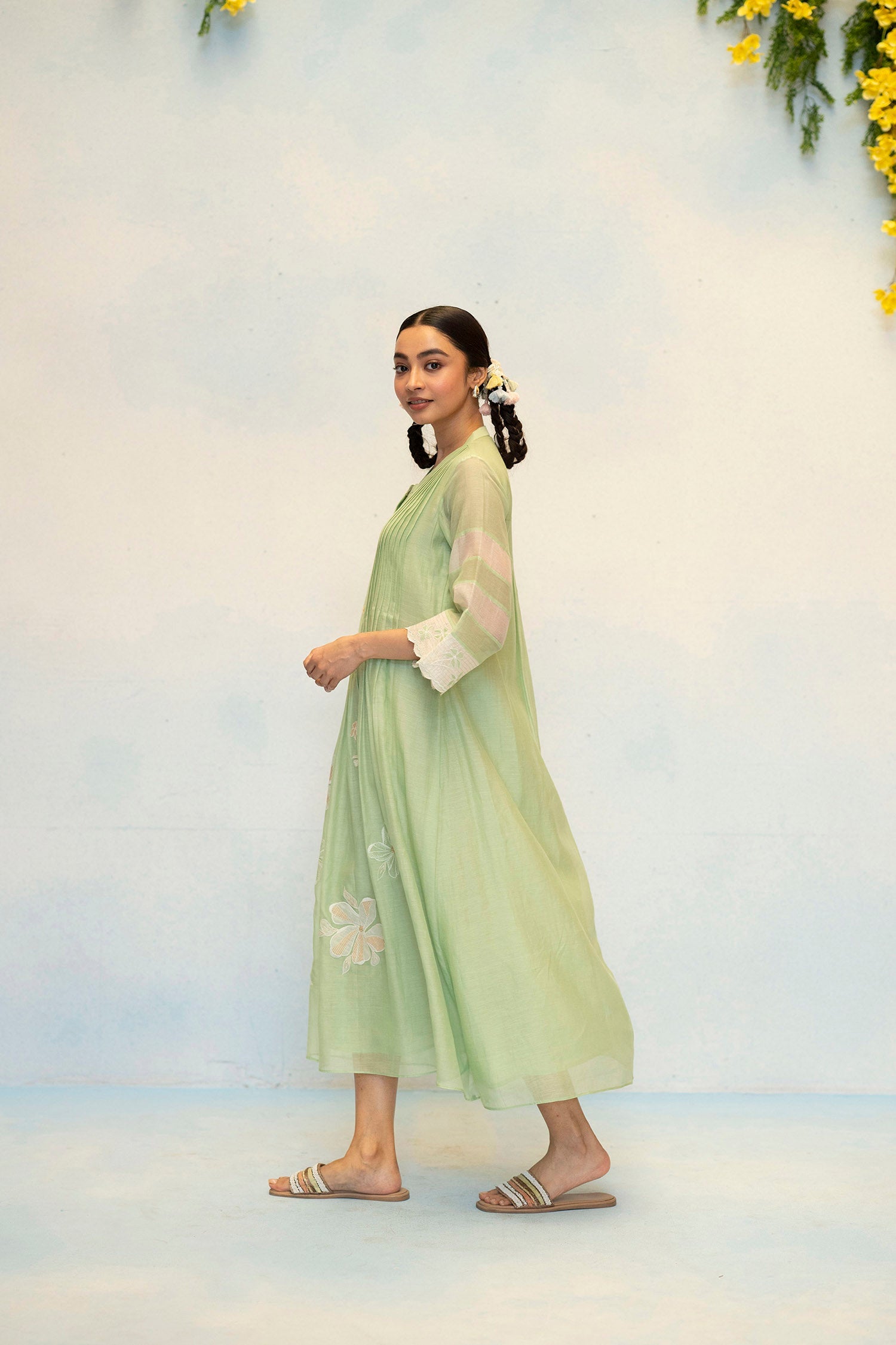 AM by Anita Mittal Noor Zara Sage Green Mul Chanderi Tunic with Butter Cotton Pant with Applique and Cord Embroidery