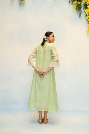 AM by Anita Mittal Noor Zara Sage Green Mul Chanderi Tunic with Butter Cotton Pant with Applique and Cord Embroidery
