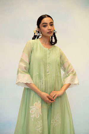 AM by Anita Mittal Noor Zara Sage Green Mul Chanderi Tunic with Butter Cotton Pant with Applique and Cord Embroidery