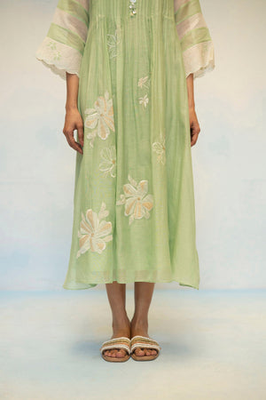 AM by Anita Mittal Noor Zara Sage Green Mul Chanderi Tunic with Butter Cotton Pant with Applique and Cord Embroidery