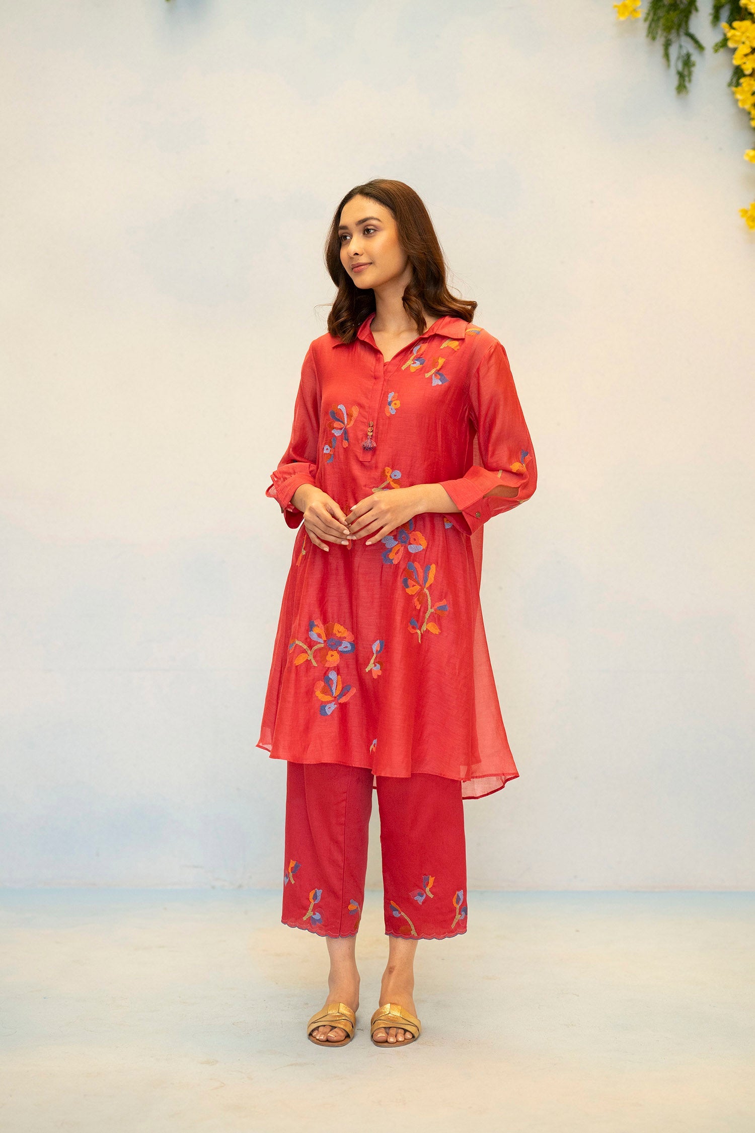 Aab Mul Chanderi Co-ord Set in Berry Red