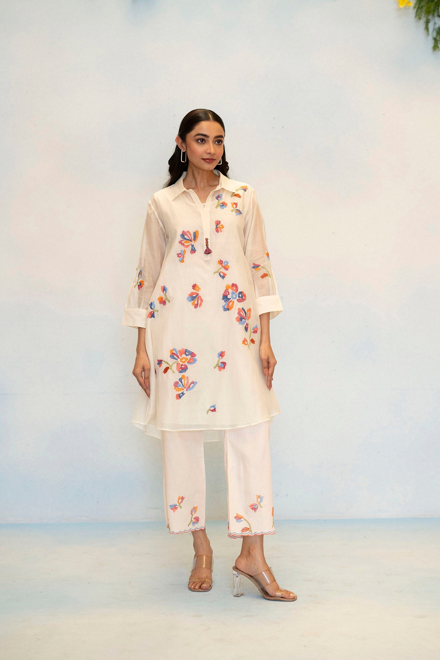 Aab Mul Chanderi Co-ord Set in Pearl White