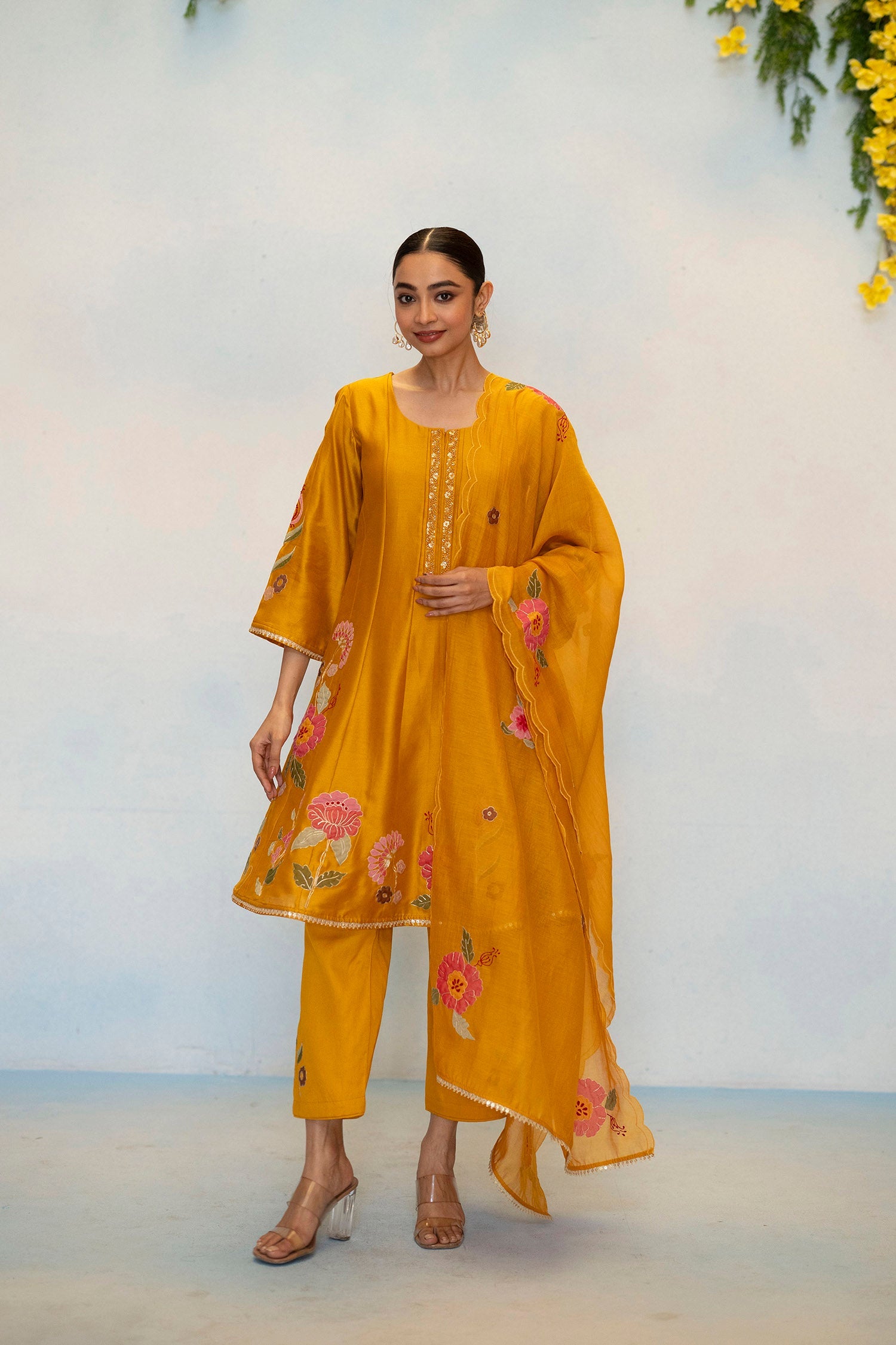 Gul Silk Chanderi Anarkali Set in Bronze