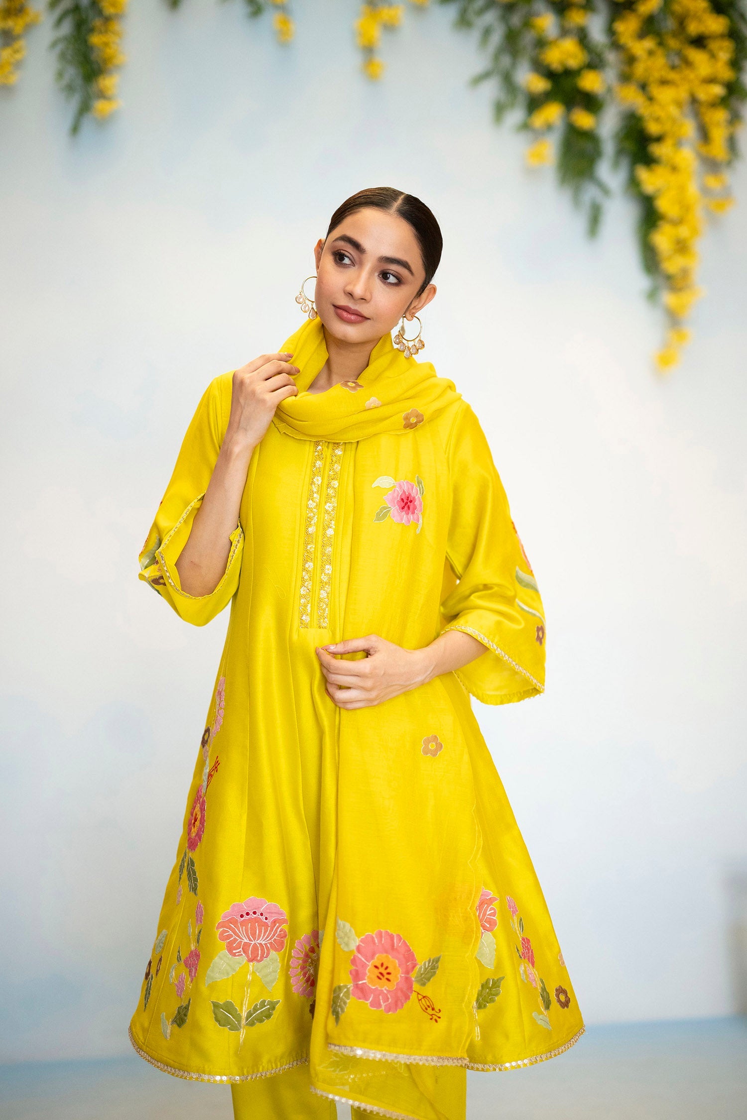 Gul Silk Chanderi Anarkali Set in Yellow Green