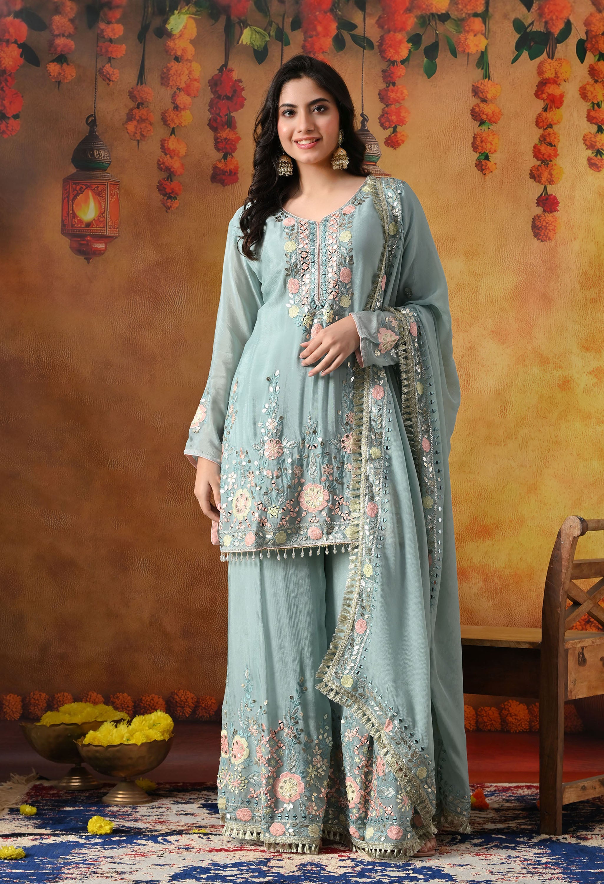 Sapphire Blue Chinon Sharara Set