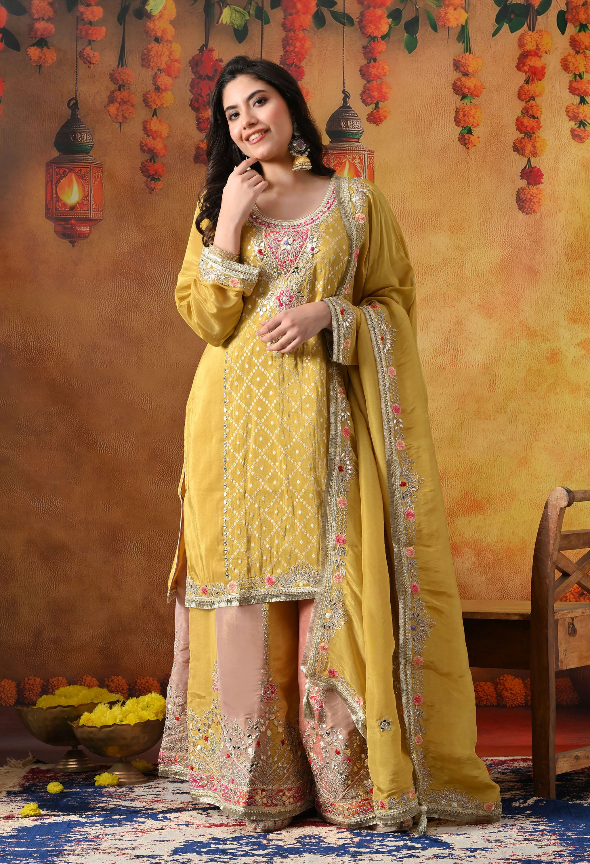 Yellow Tissue Crepe Sharara Set