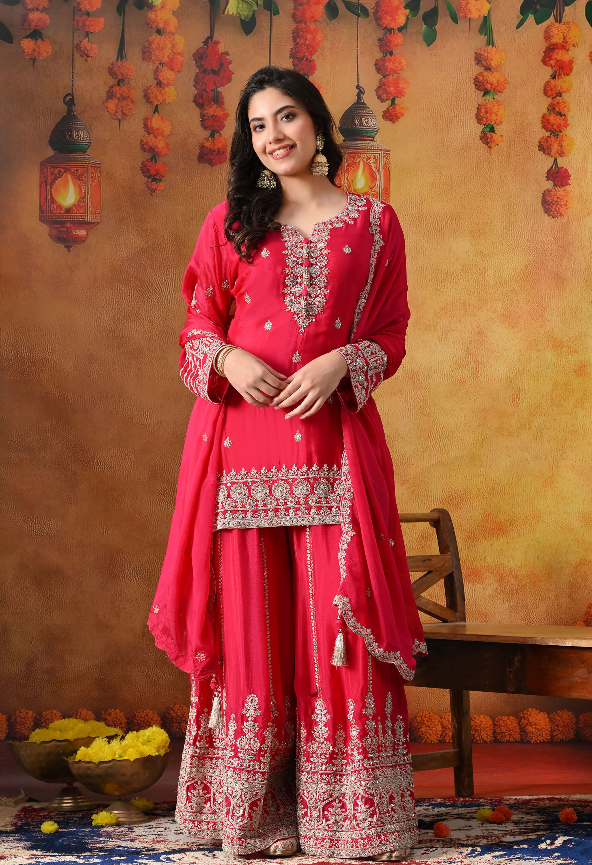 Hot Pink Chinon Sharara Set