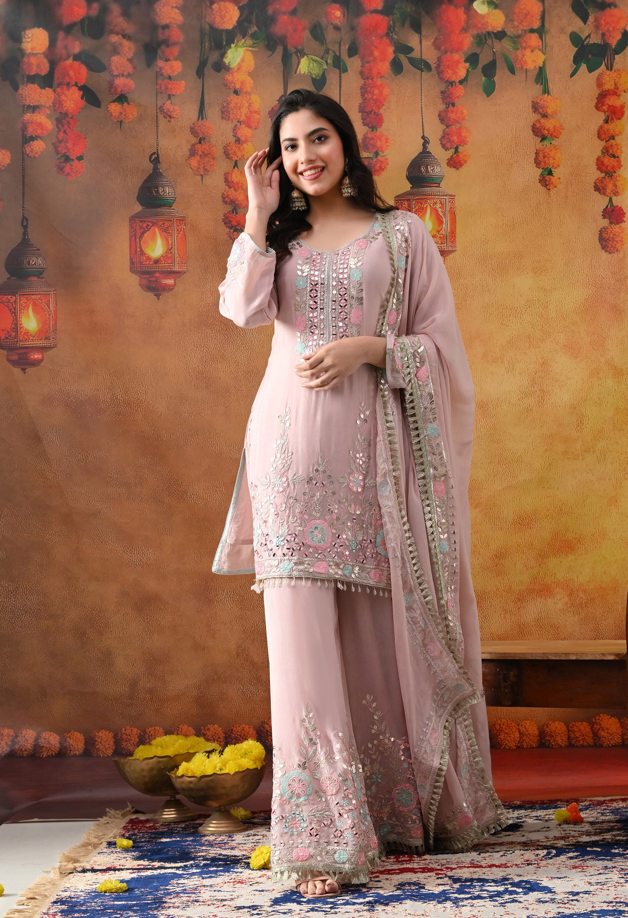 Light Pink Chinon Sharara Set