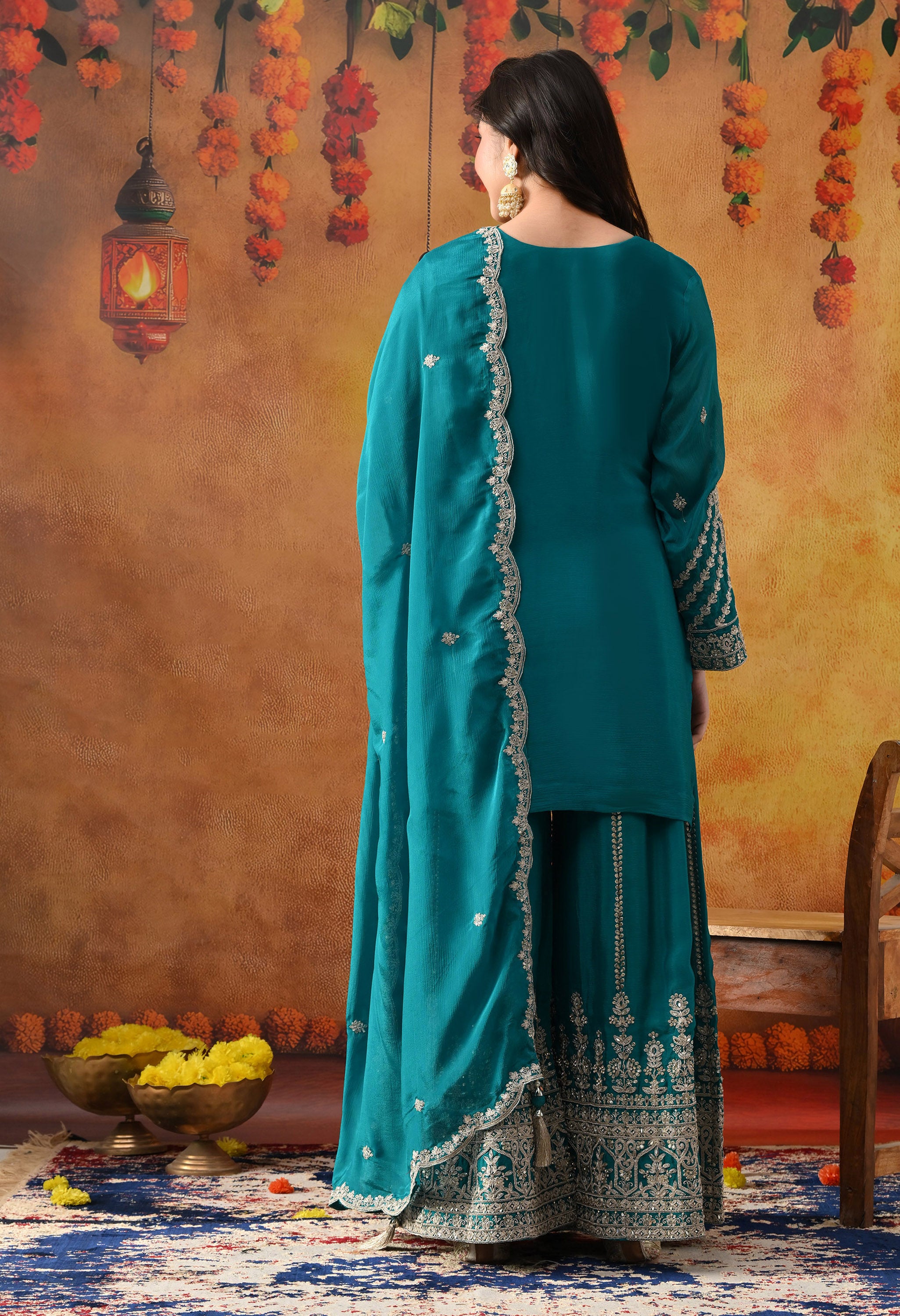 Dark Bluish Green Chinon Sharara Set