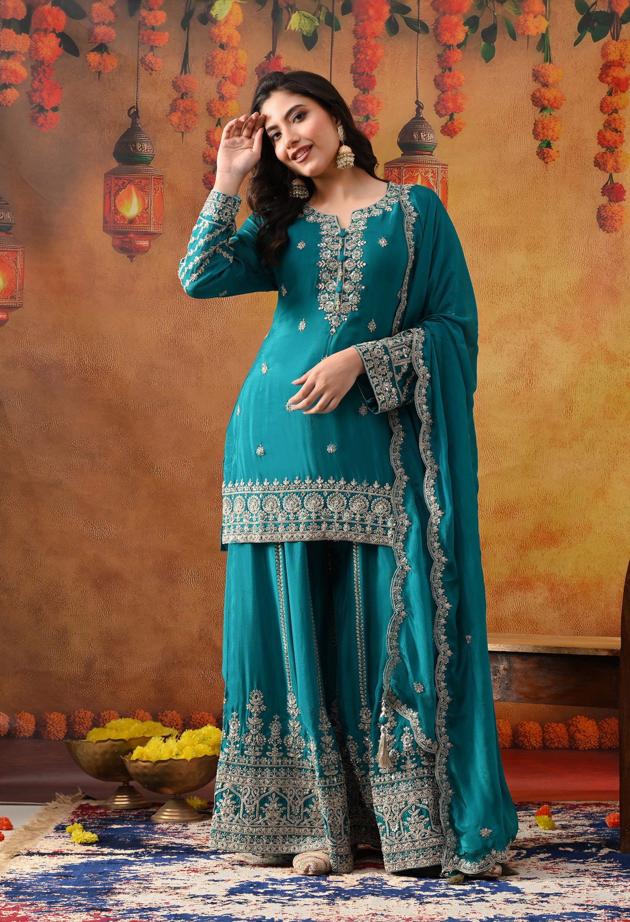 Dark Bluish Green Chinon Sharara Set