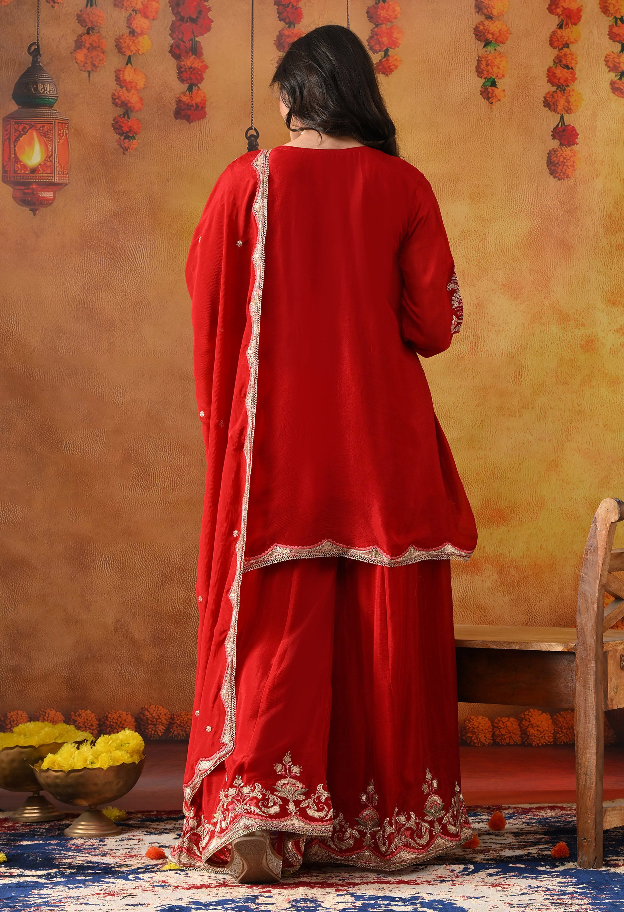 Reddish Maroon Chinon Sharara Set
